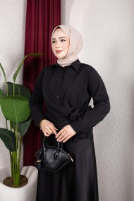 Yandan Bağlama Detaylı Gömlek - Siyah