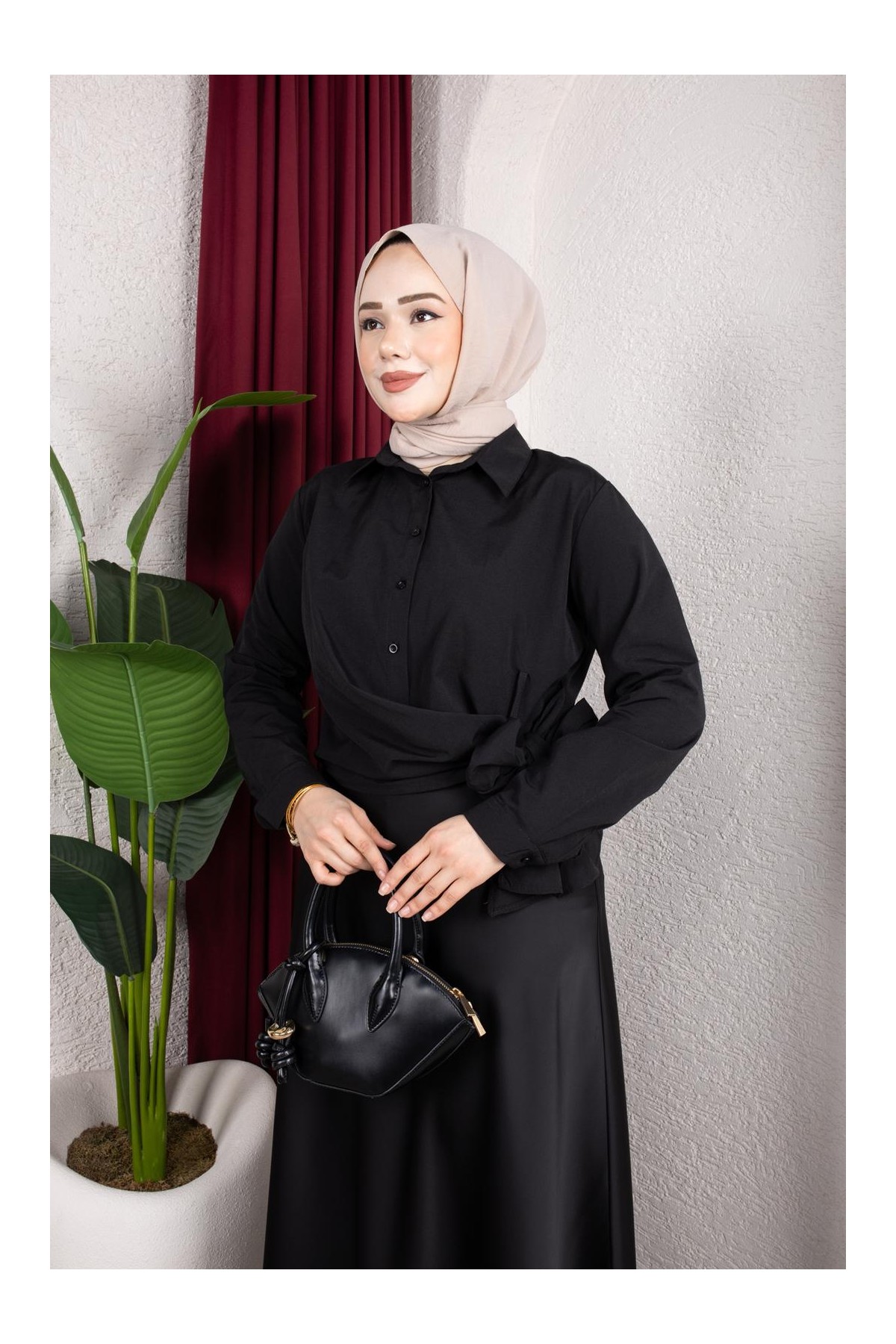 Yandan Bağlama Detaylı Gömlek - Siyah