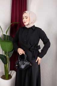 Yandan Bağlama Detaylı Gömlek - Siyah