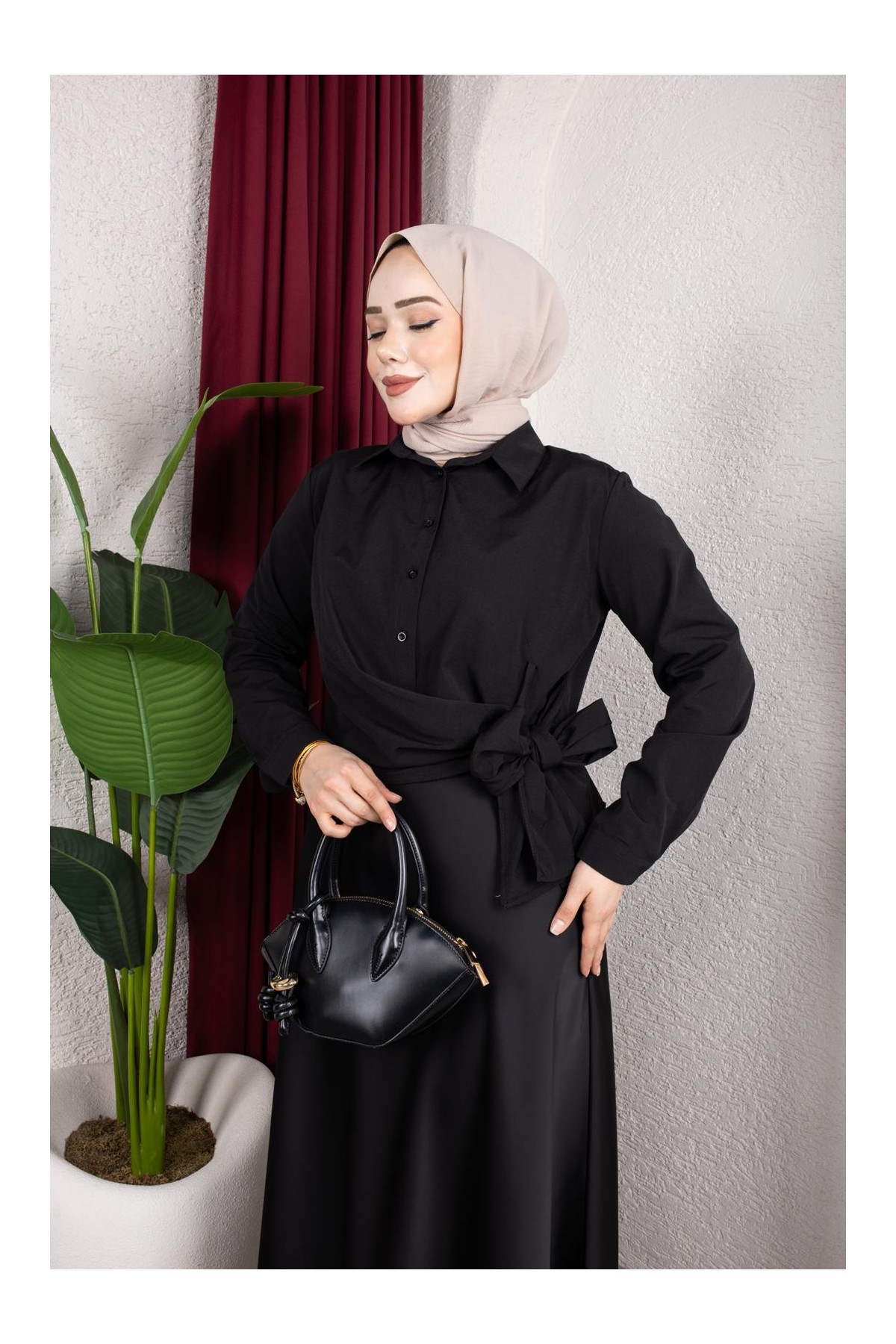 Yandan Bağlama Detaylı Gömlek - Siyah