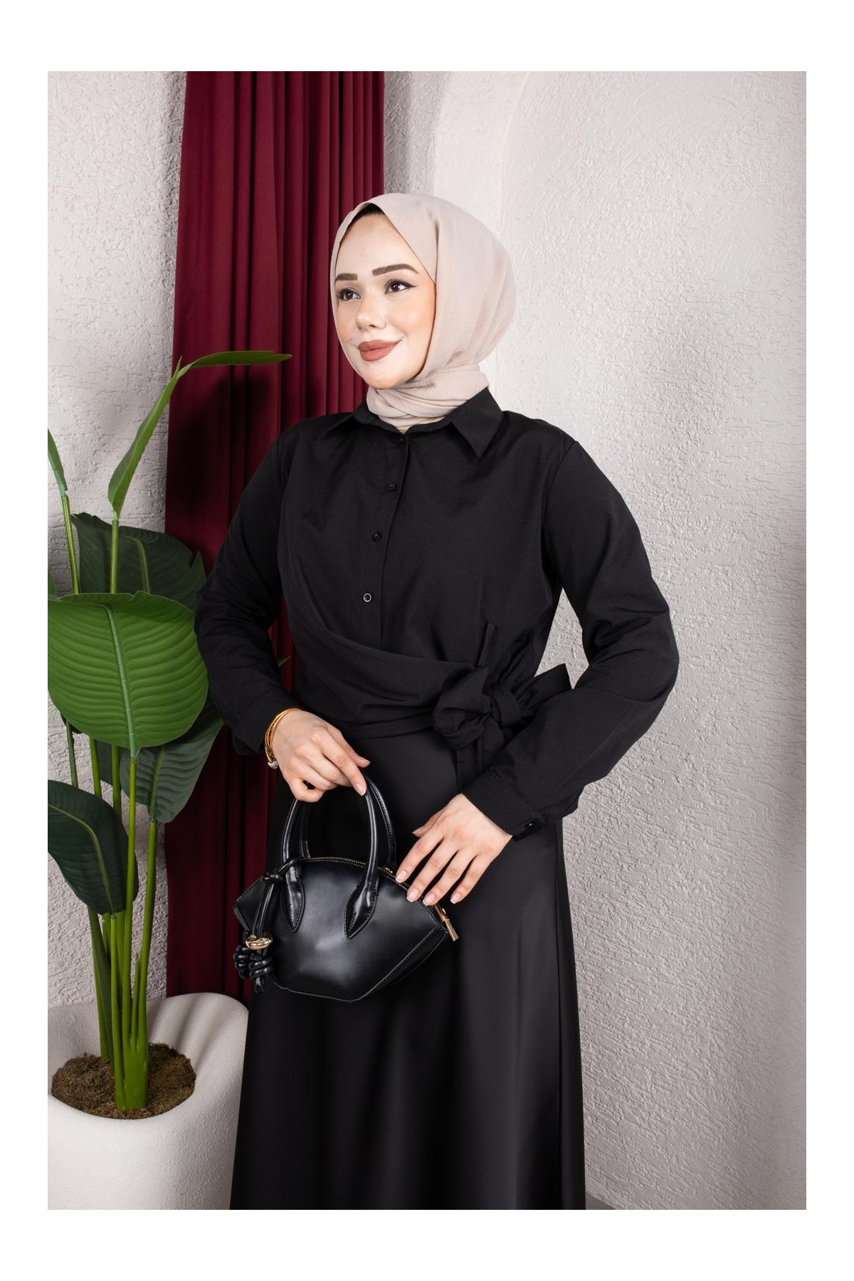 Yandan Bağlama Detaylı Gömlek - Siyah