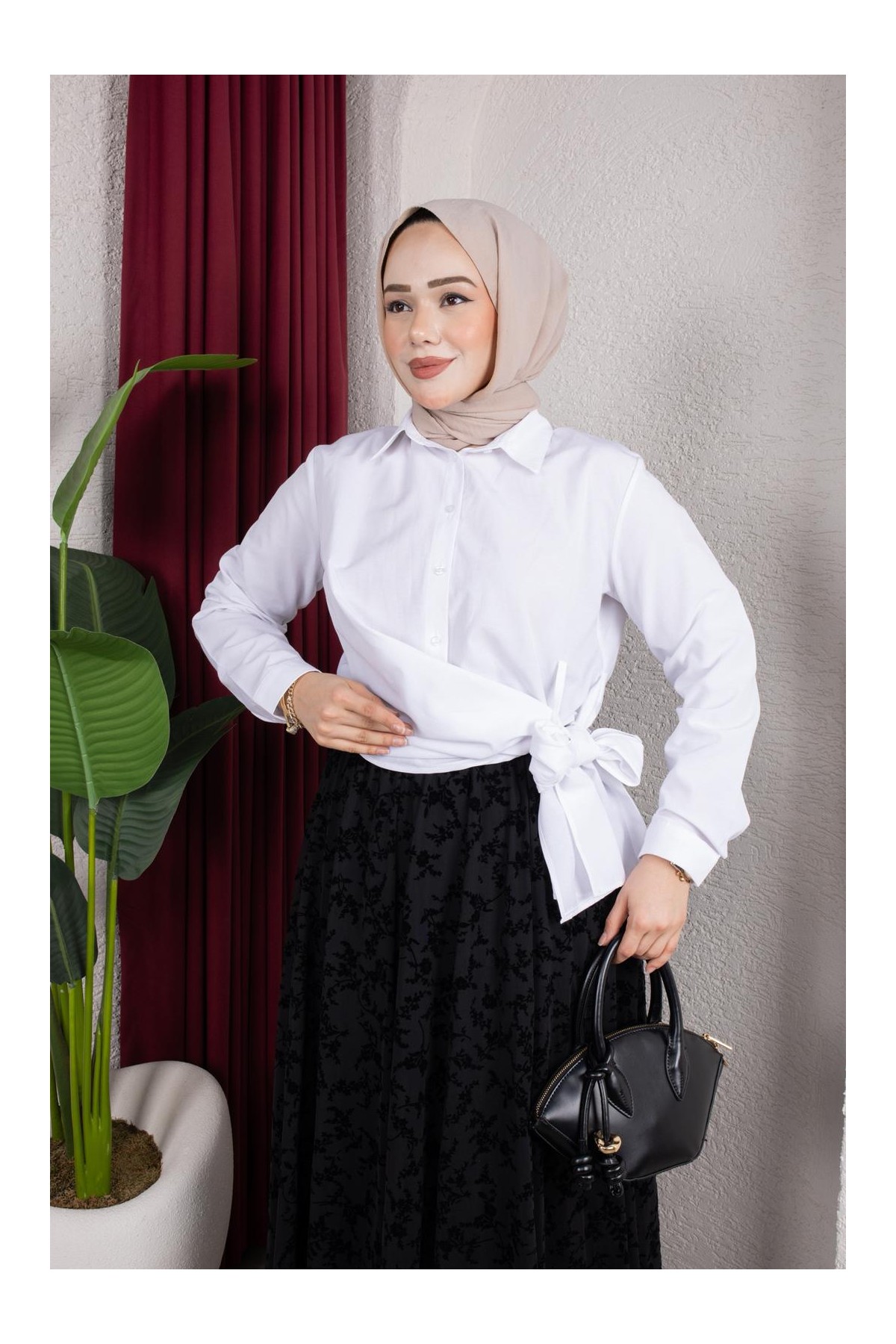 Yandan Bağlama Detaylı Gömlek - Beyaz