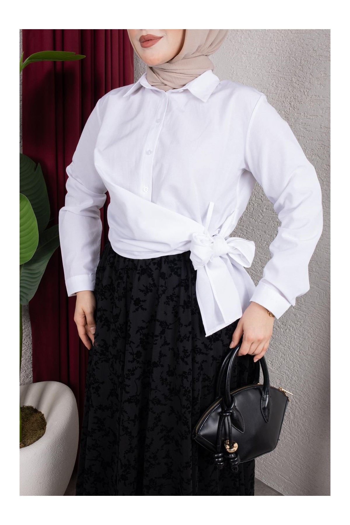 Yandan Bağlama Detaylı Gömlek - Beyaz