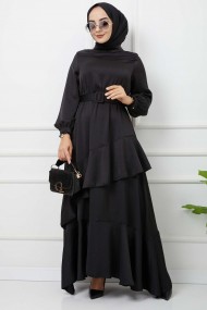 Önü Parçalı Kemerli Aerobin Saten Elbise - Siyah