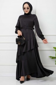 Önü Parçalı Kemerli Aerobin Saten Elbise - Siyah