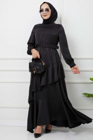 Önü Parçalı Kemerli Aerobin Saten Elbise - Siyah