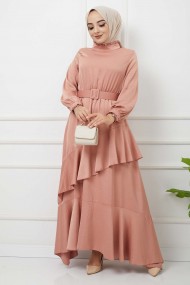 Önü Parçalı Kemerli Aerobin Saten Elbise - Yavru Ağzı