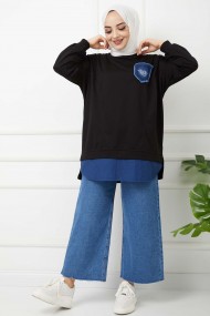 İkili Kot Garnili Kombin - Siyah