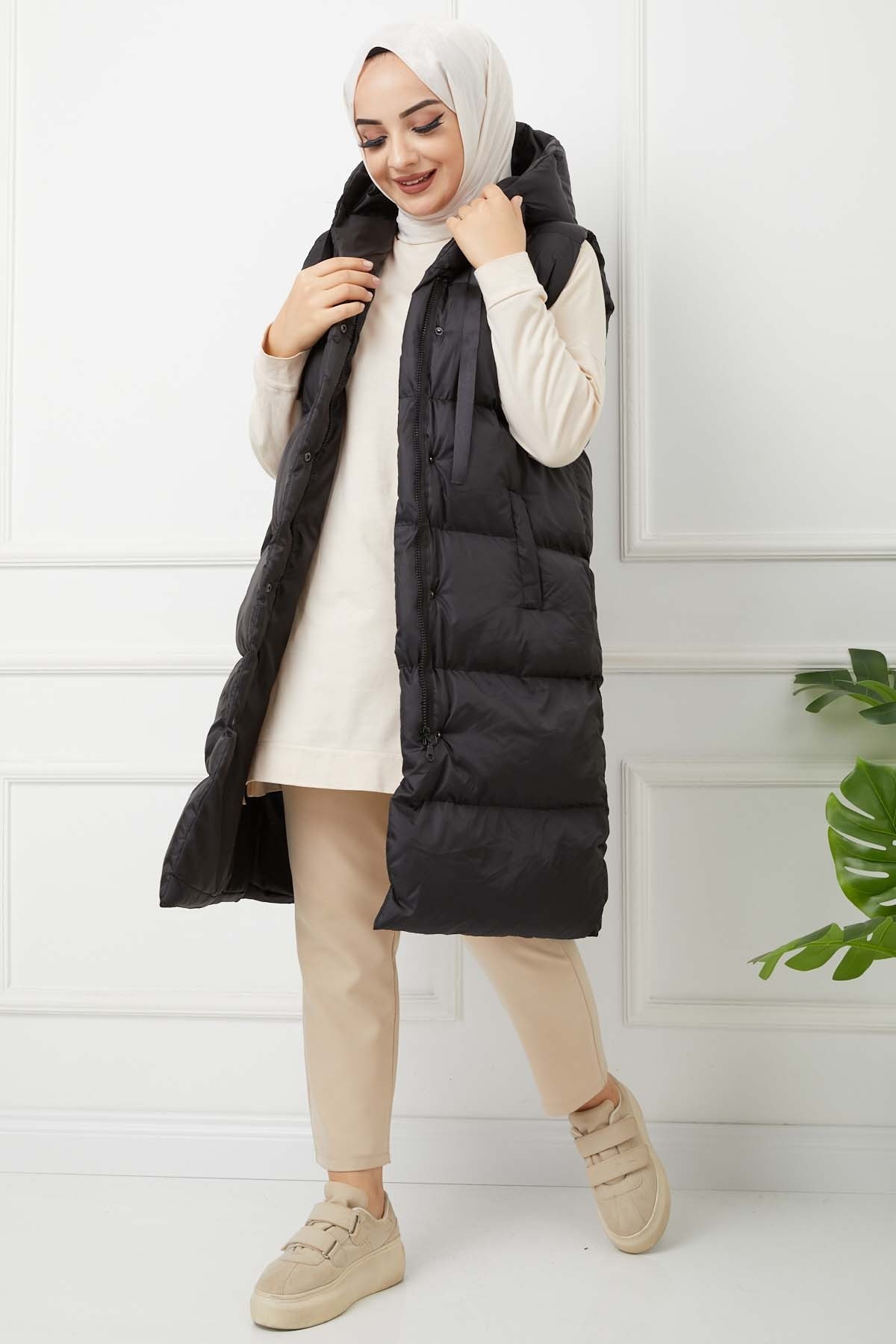 İp Detaylı Şişme Yelek - Siyah