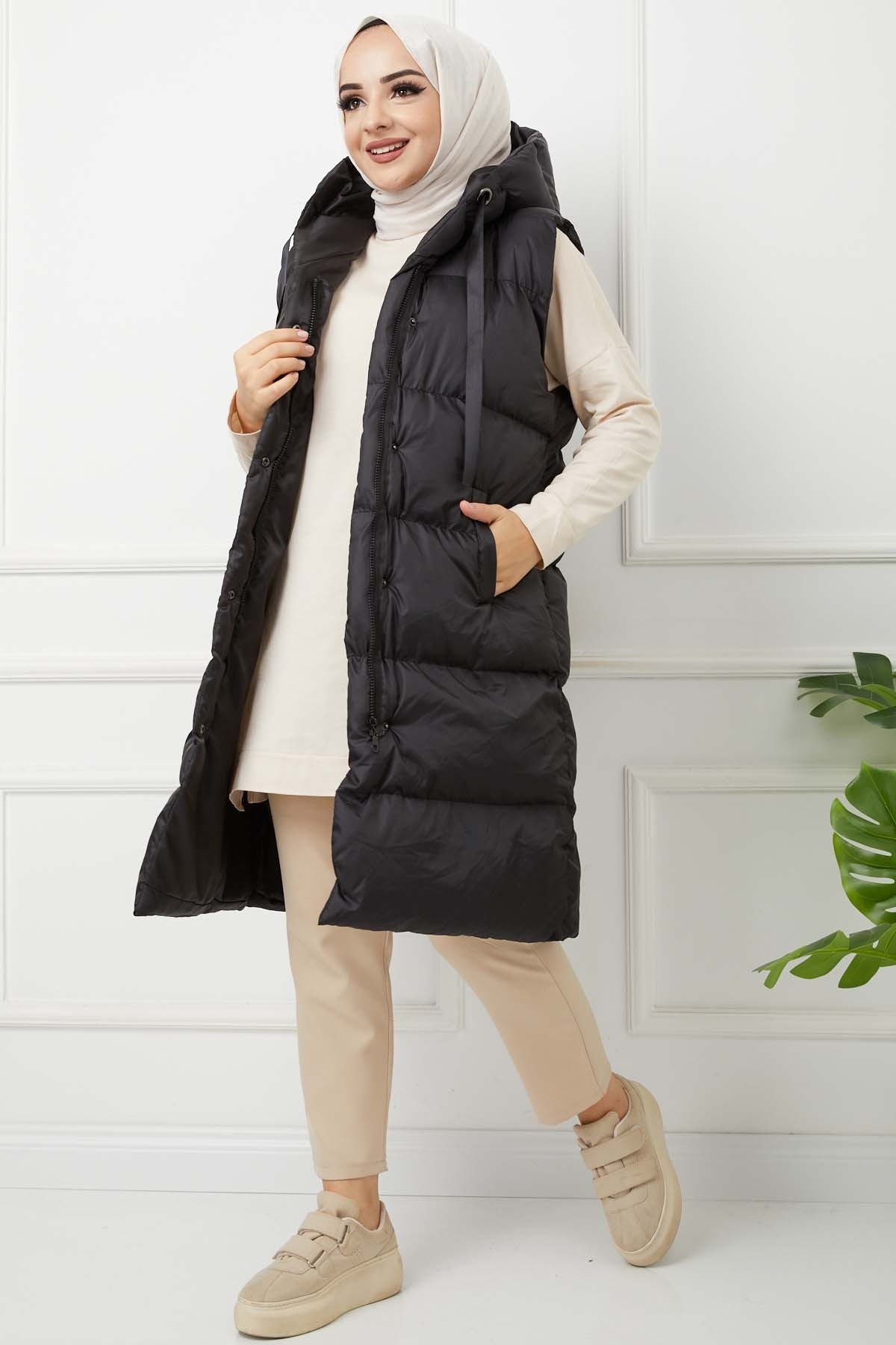 İp Detaylı Şişme Yelek - Siyah