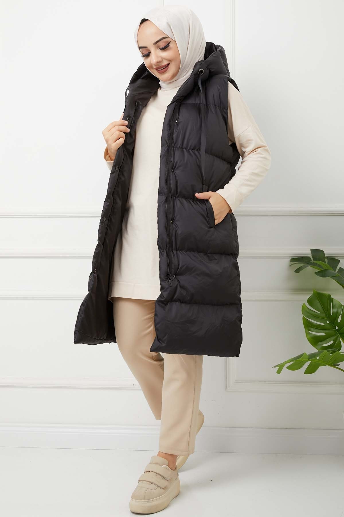 İp Detaylı Şişme Yelek - Siyah