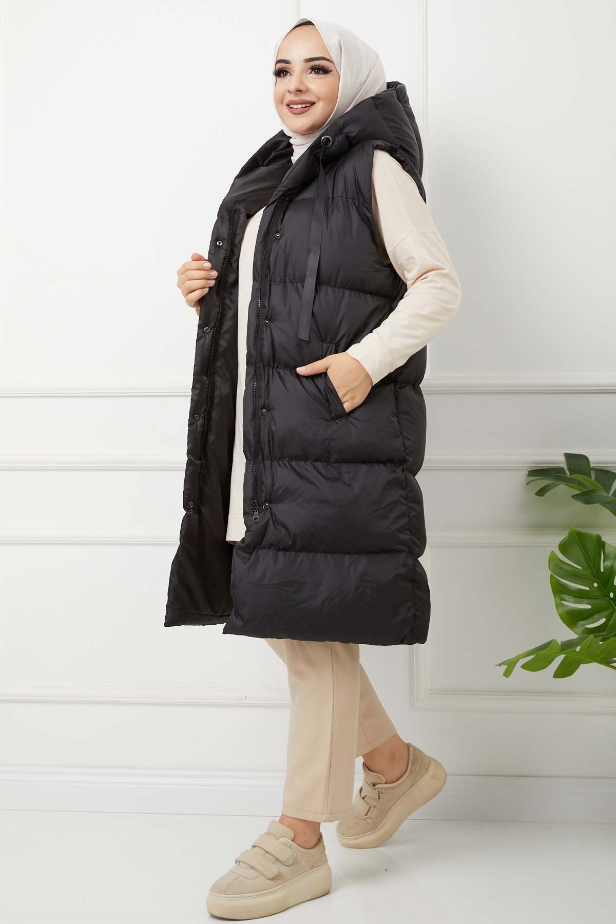 İp Detaylı Şişme Yelek - Siyah