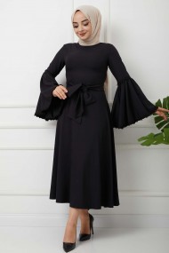 Volan Kol Dabıl Elbise - Siyah