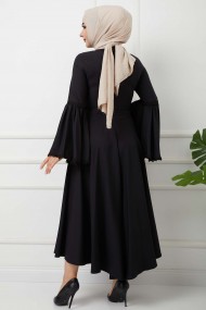 Volan Kol Dabıl Elbise - Siyah