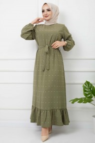 PonPon İşlemeli Elbise - Haki