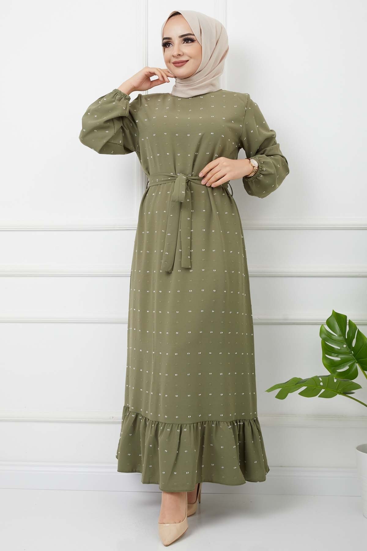 PonPon İşlemeli Elbise - Haki