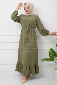 PonPon İşlemeli Elbise - Haki