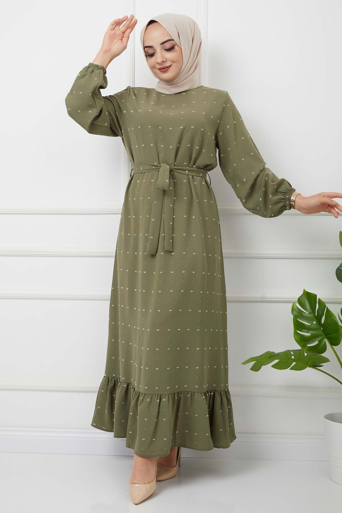 PonPon İşlemeli Elbise - Haki