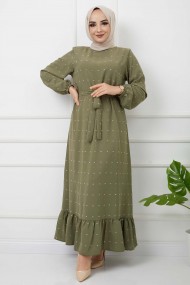 PonPon İşlemeli Elbise - Haki