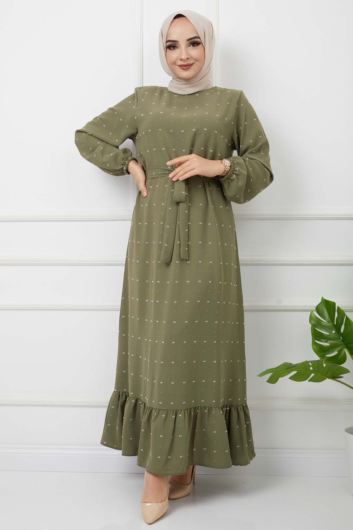 PonPon İşlemeli Elbise - Haki