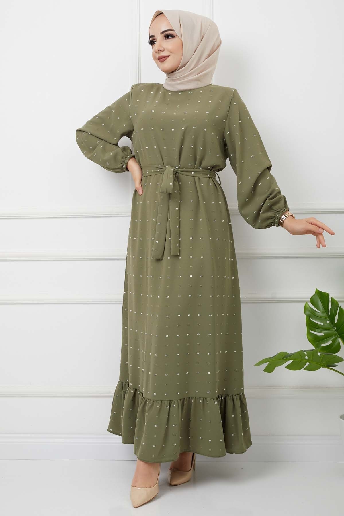 PonPon İşlemeli Elbise - Haki