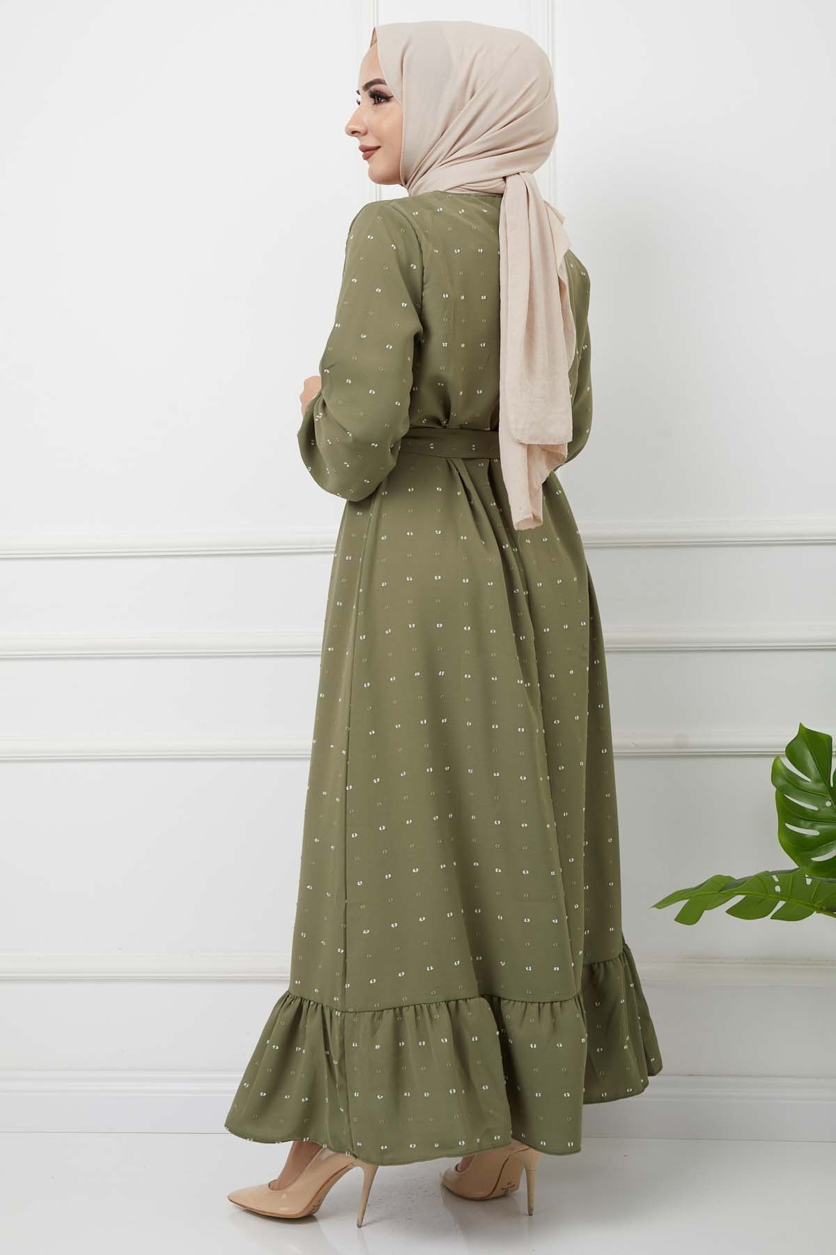 PonPon İşlemeli Elbise - Haki