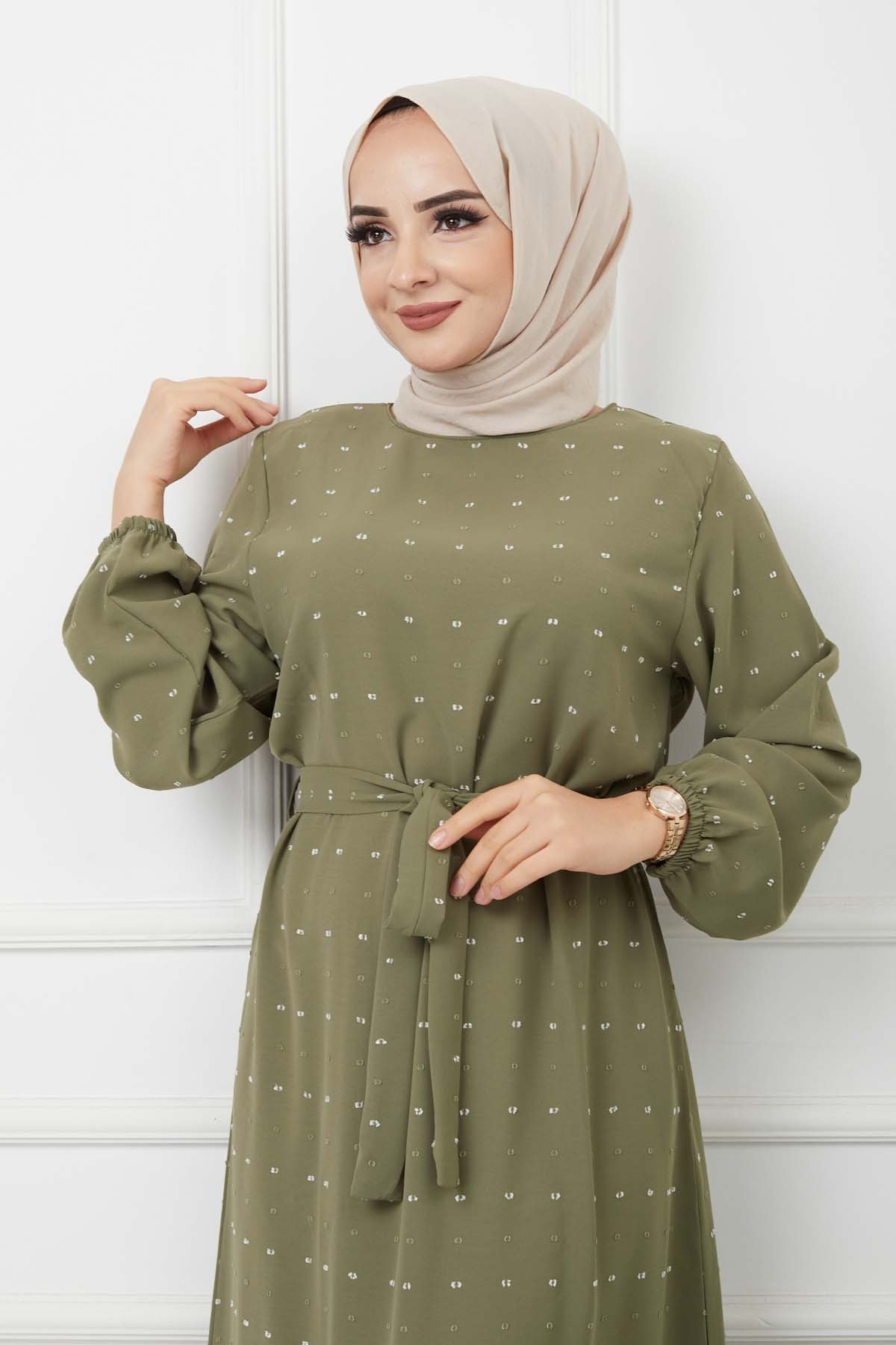 PonPon İşlemeli Elbise - Haki