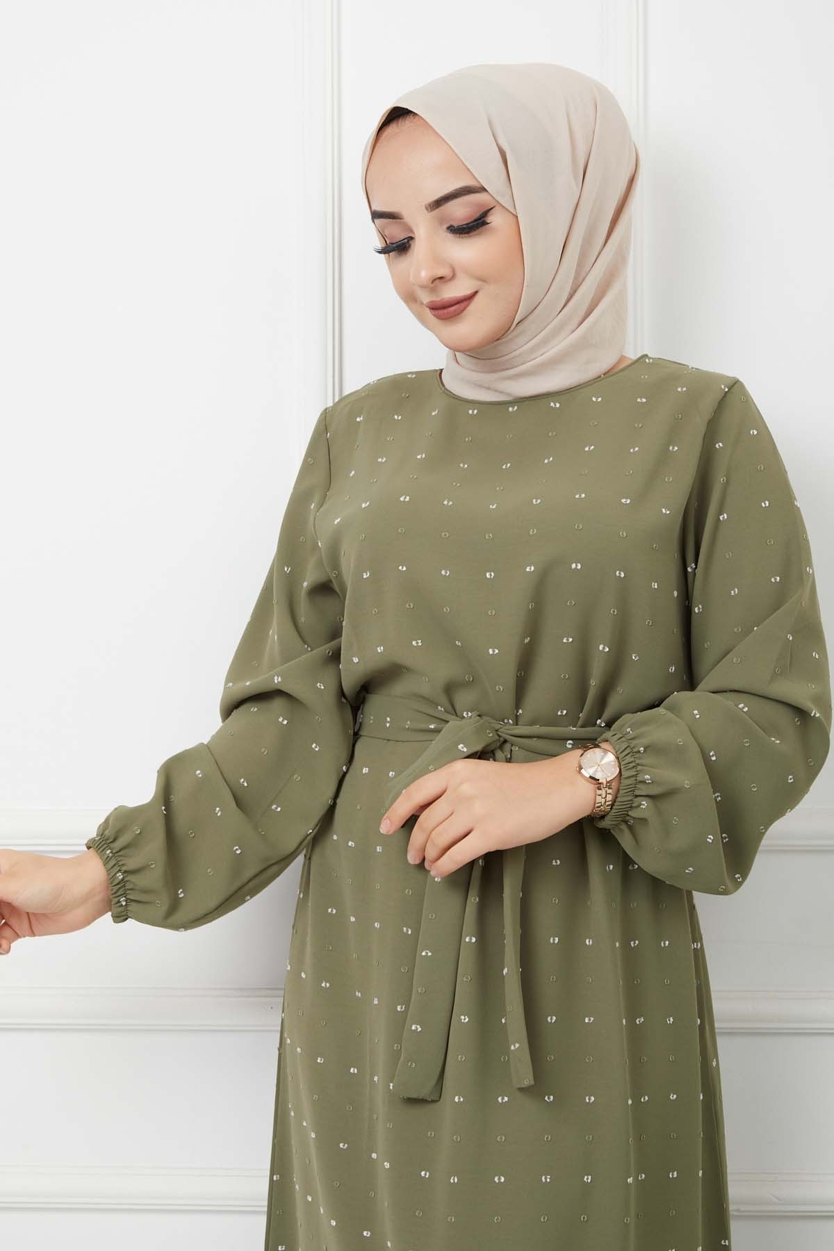 PonPon İşlemeli Elbise - Haki