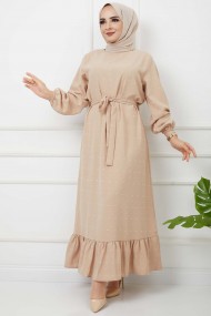 PonPon İşlemeli Elbise - Bej