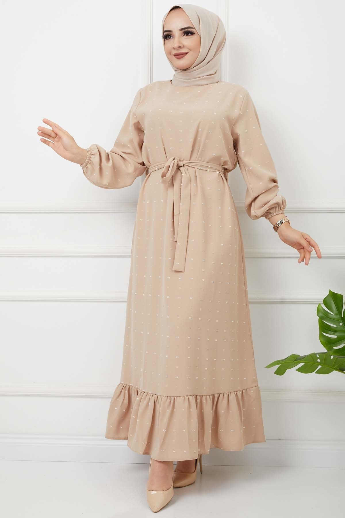 PonPon İşlemeli Elbise - Bej