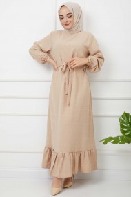 PonPon İşlemeli Elbise - Bej