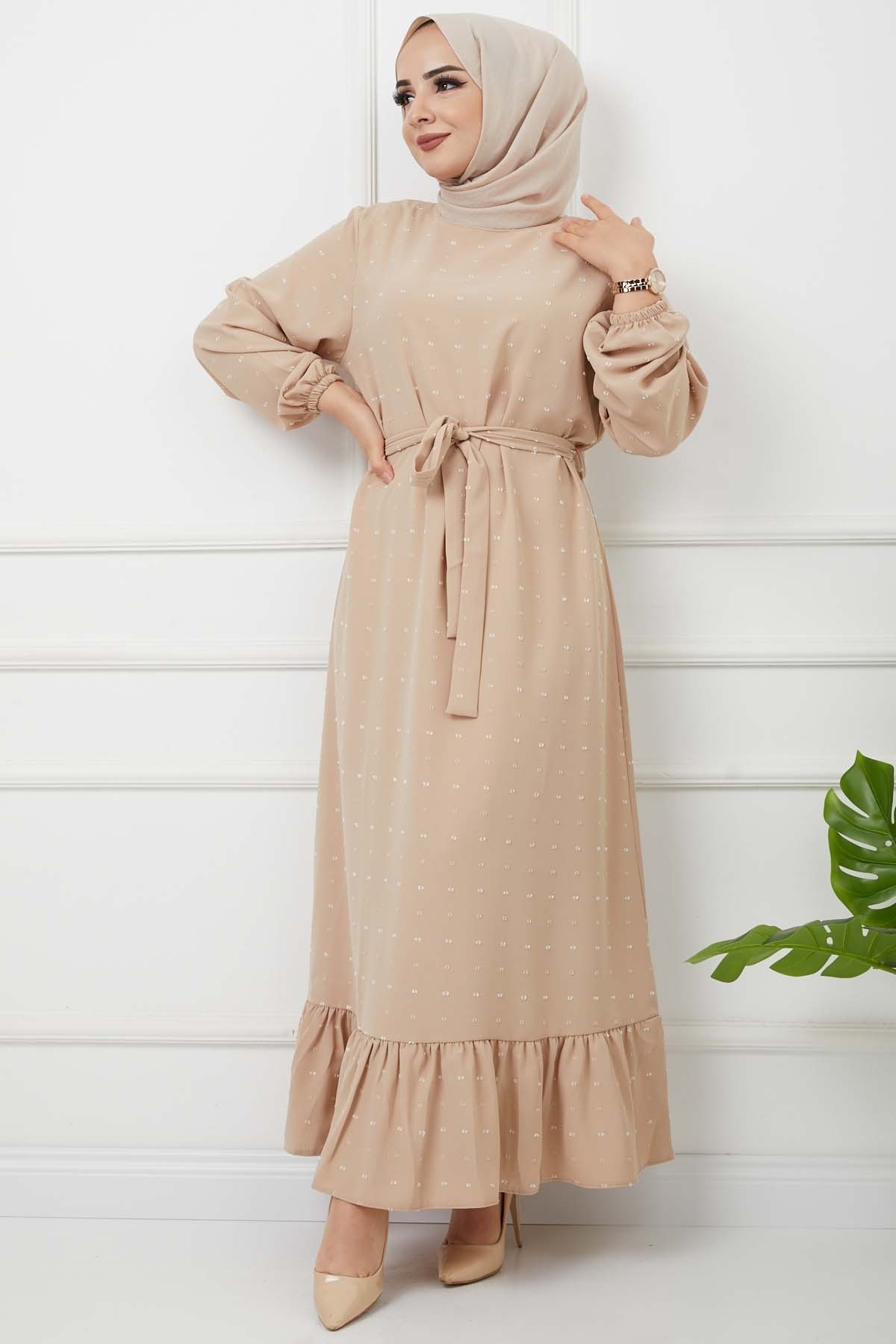 PonPon İşlemeli Elbise - Bej