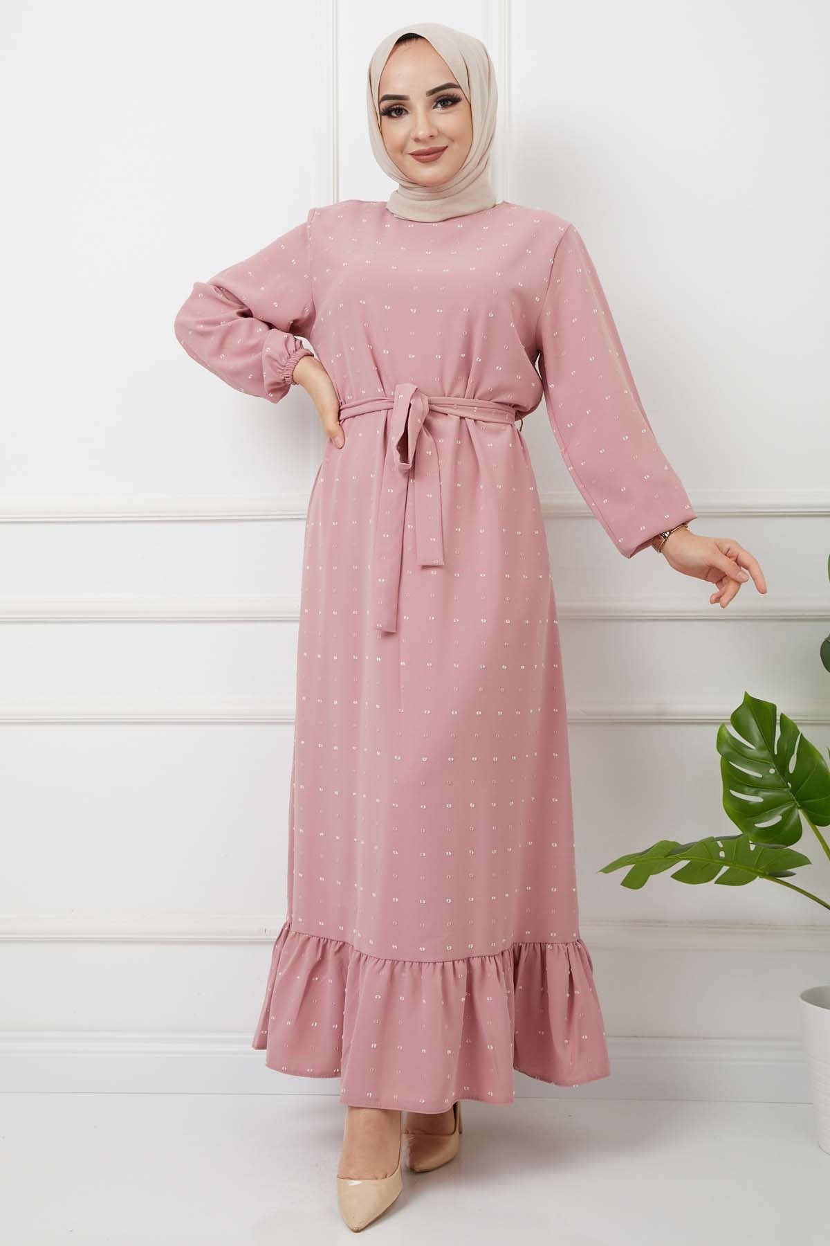 PonPon İşlemeli Elbise - Gül Kurusu