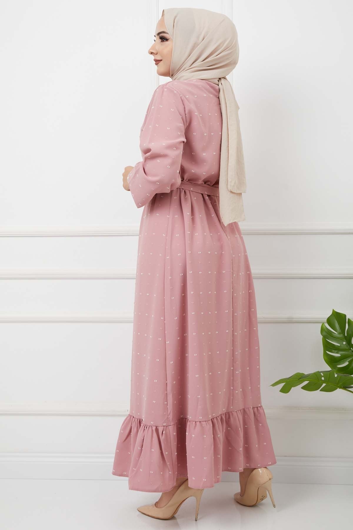 PonPon İşlemeli Elbise - Gül Kurusu