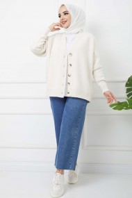 Önü Düğmeli Triko Hırka - Bej