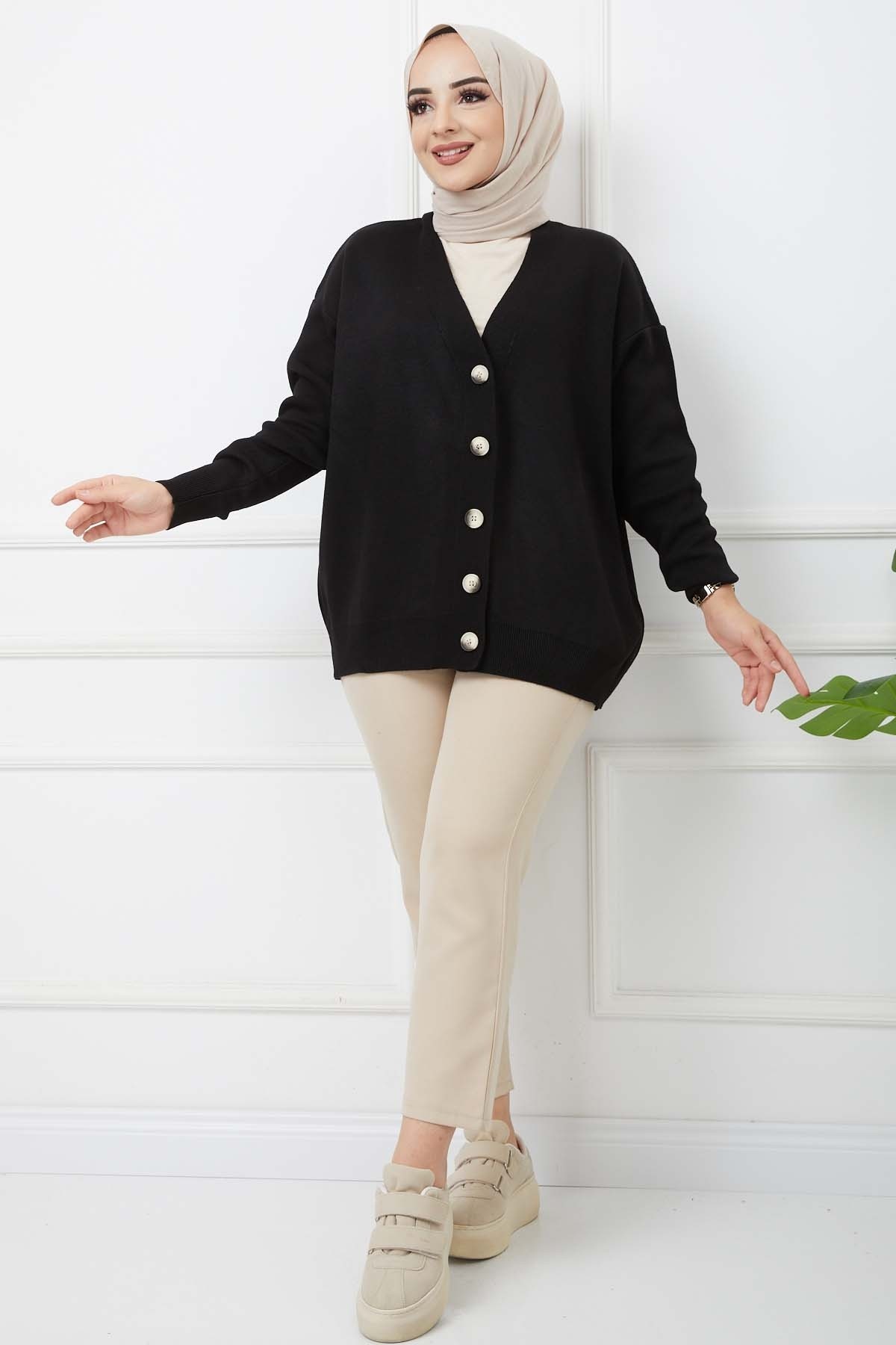 Önü Düğmeli Triko Hırka - Siyah