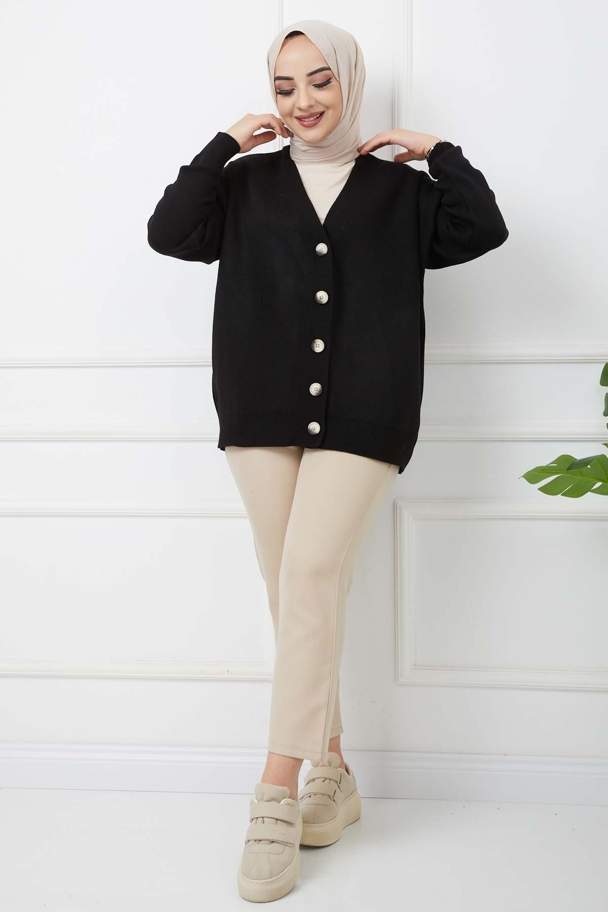 Önü Düğmeli Triko Hırka - Siyah