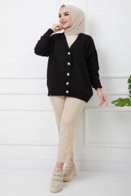 Önü Düğmeli Triko Hırka - Siyah