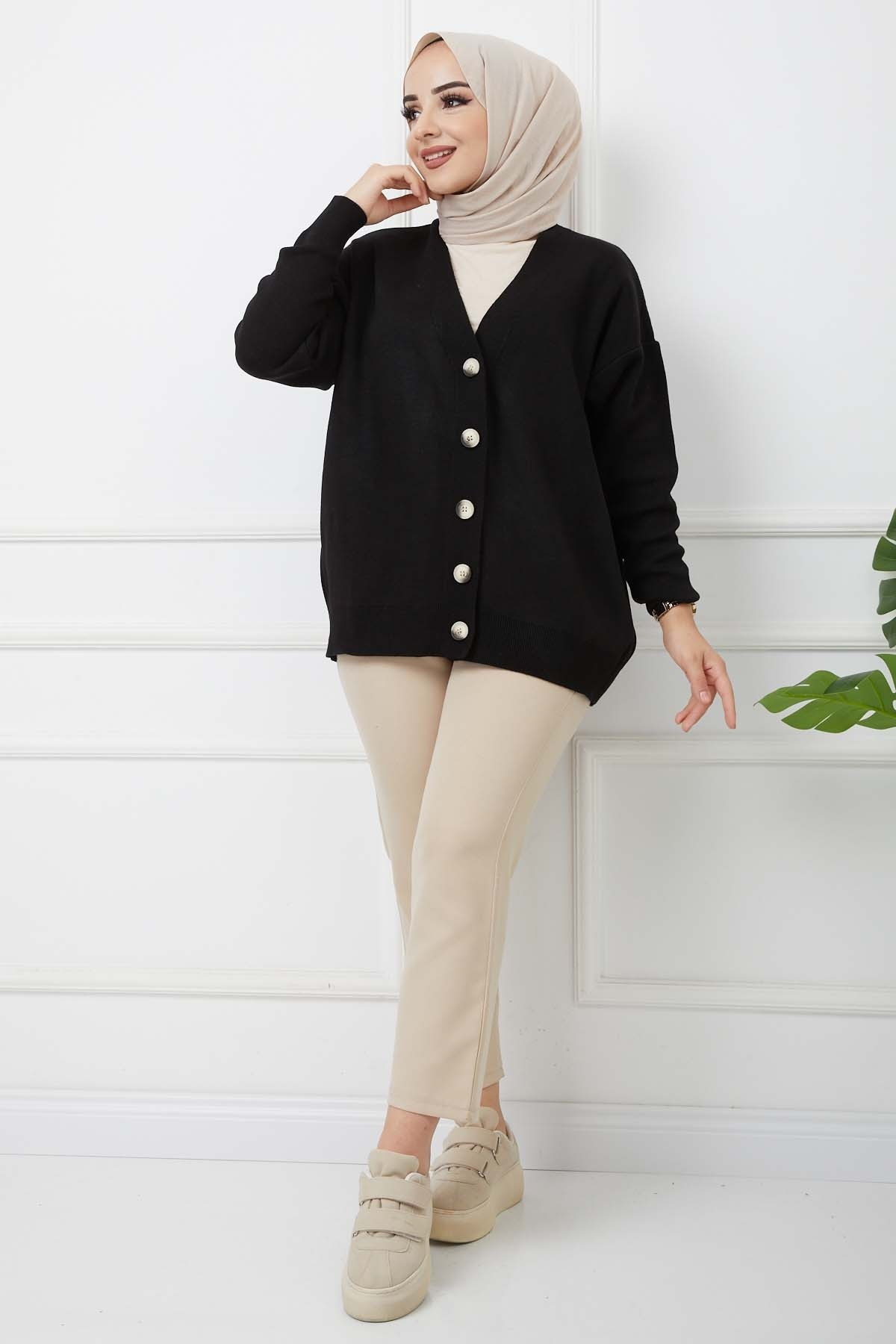 Önü Düğmeli Triko Hırka - Siyah