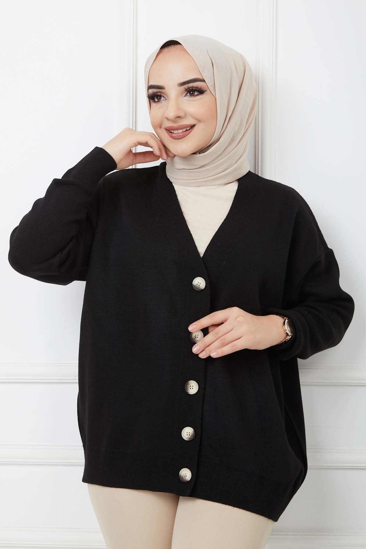 Önü Düğmeli Triko Hırka - Siyah
