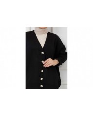 Önü Düğmeli Triko Hırka - Siyah