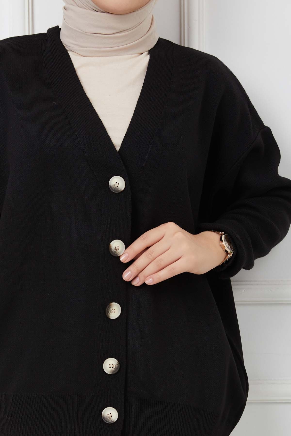 Önü Düğmeli Triko Hırka - Siyah