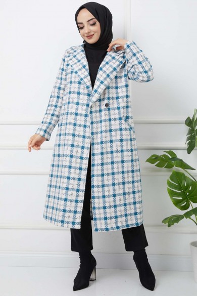 Ekose Kaşe Kaban - Mavi