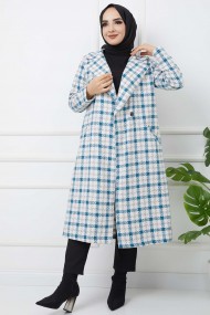 Ekose Kaşe Kaban - Mavi