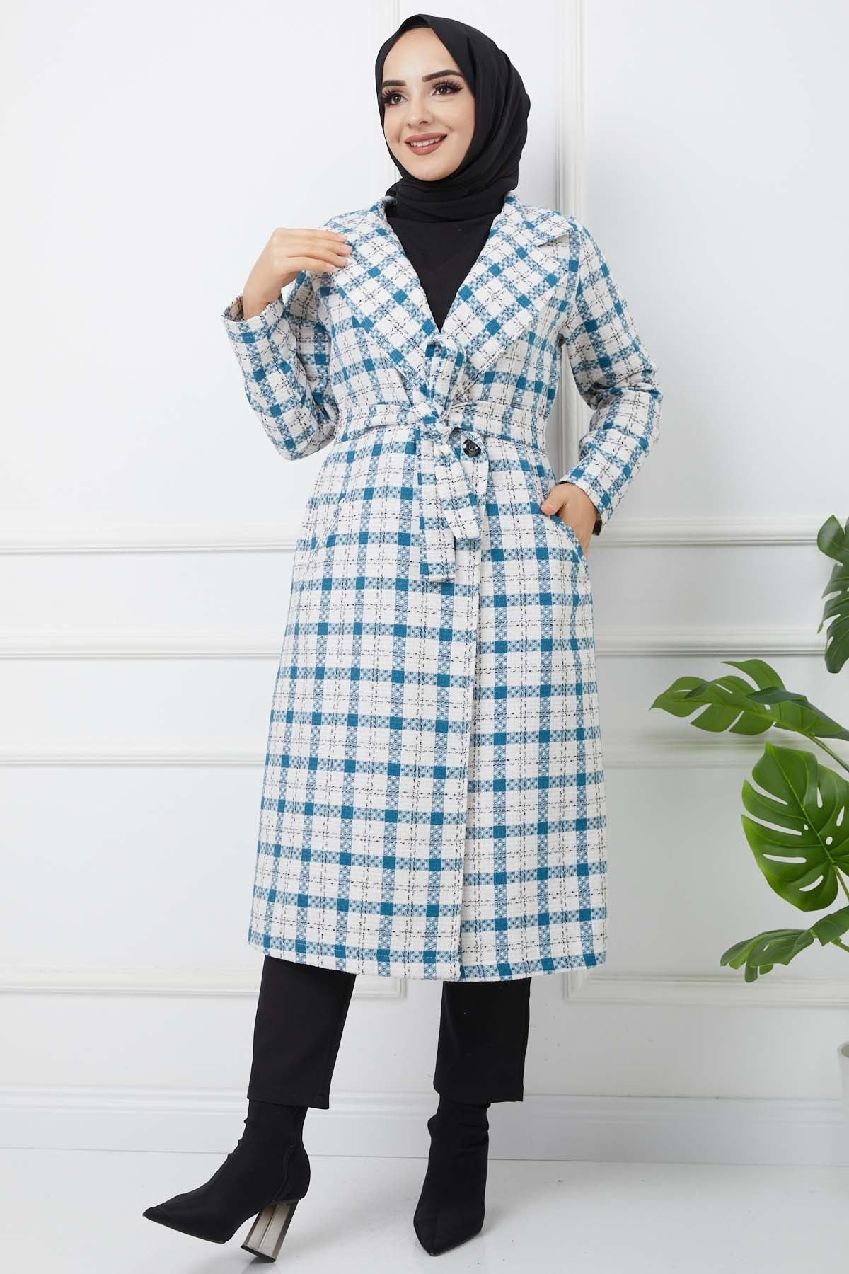 Ekose Kaşe Kaban - Mavi