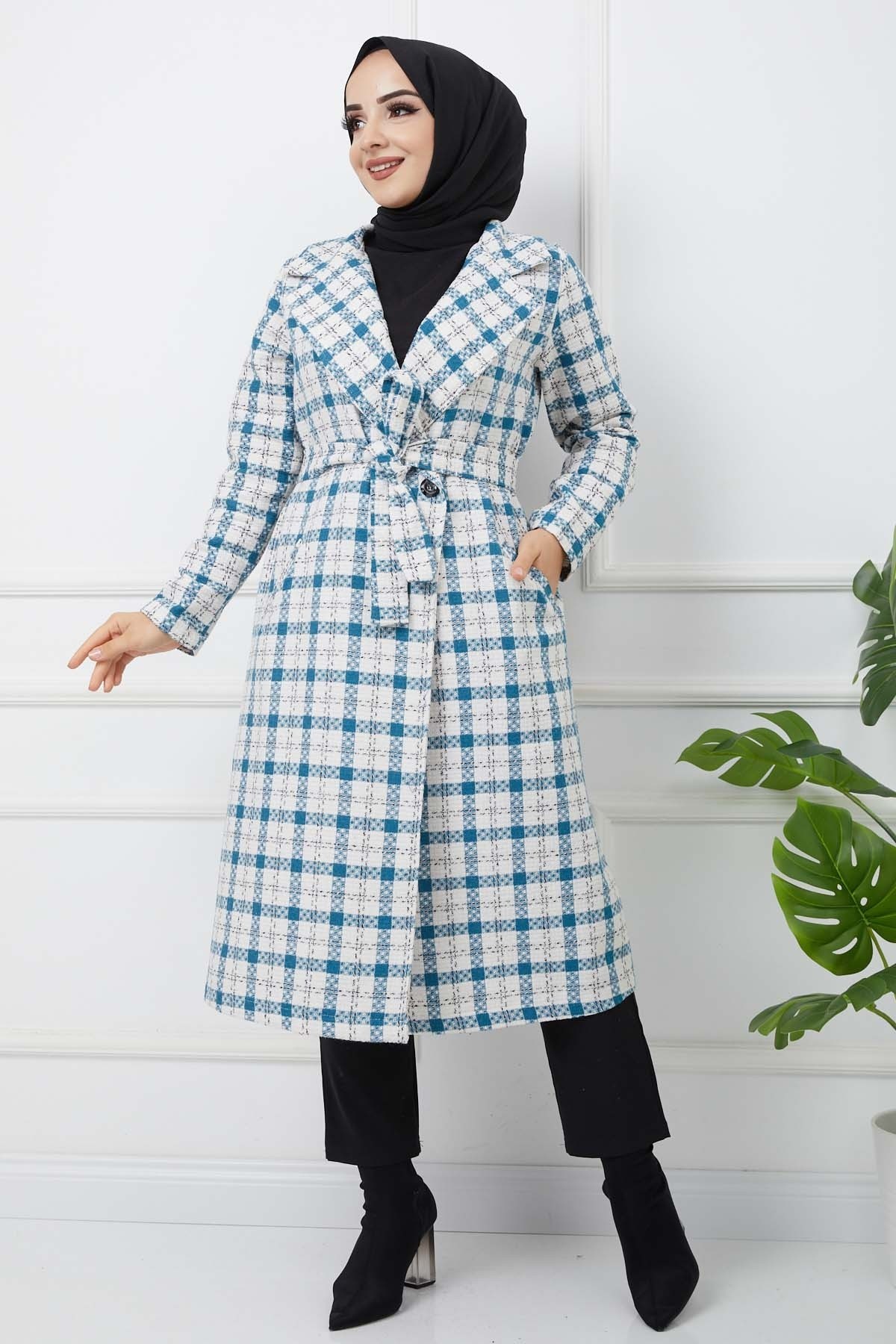 Ekose Kaşe Kaban - Mavi