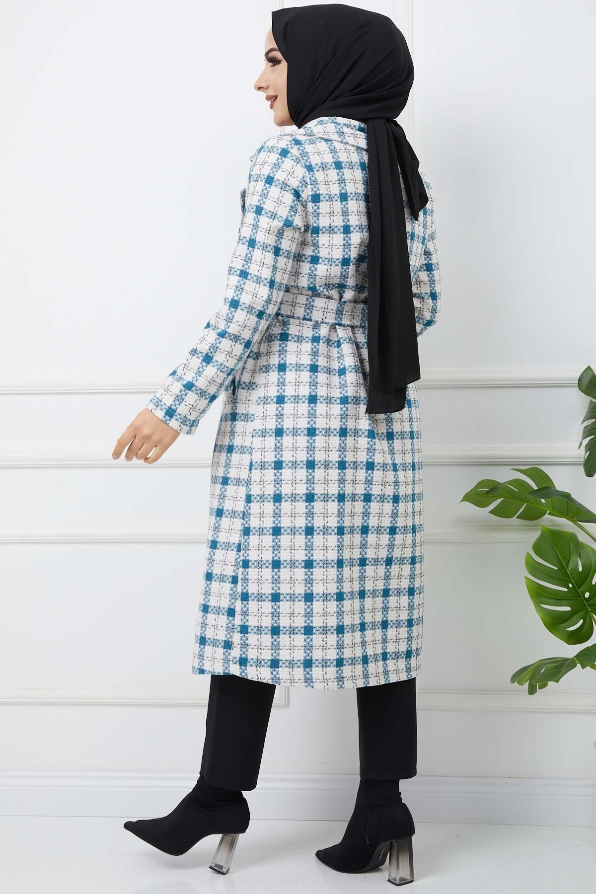 Ekose Kaşe Kaban - Mavi