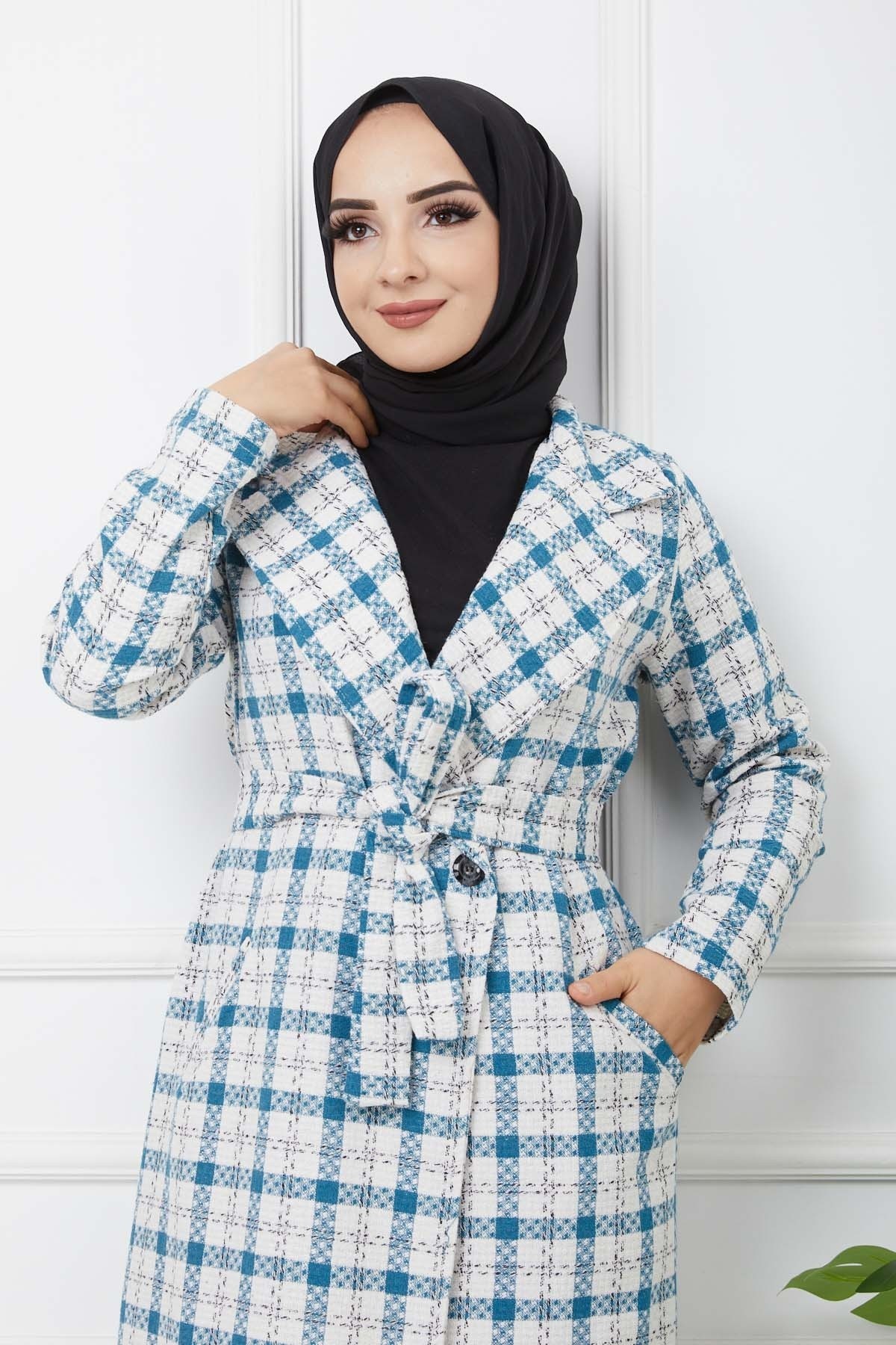 Ekose Kaşe Kaban - Mavi