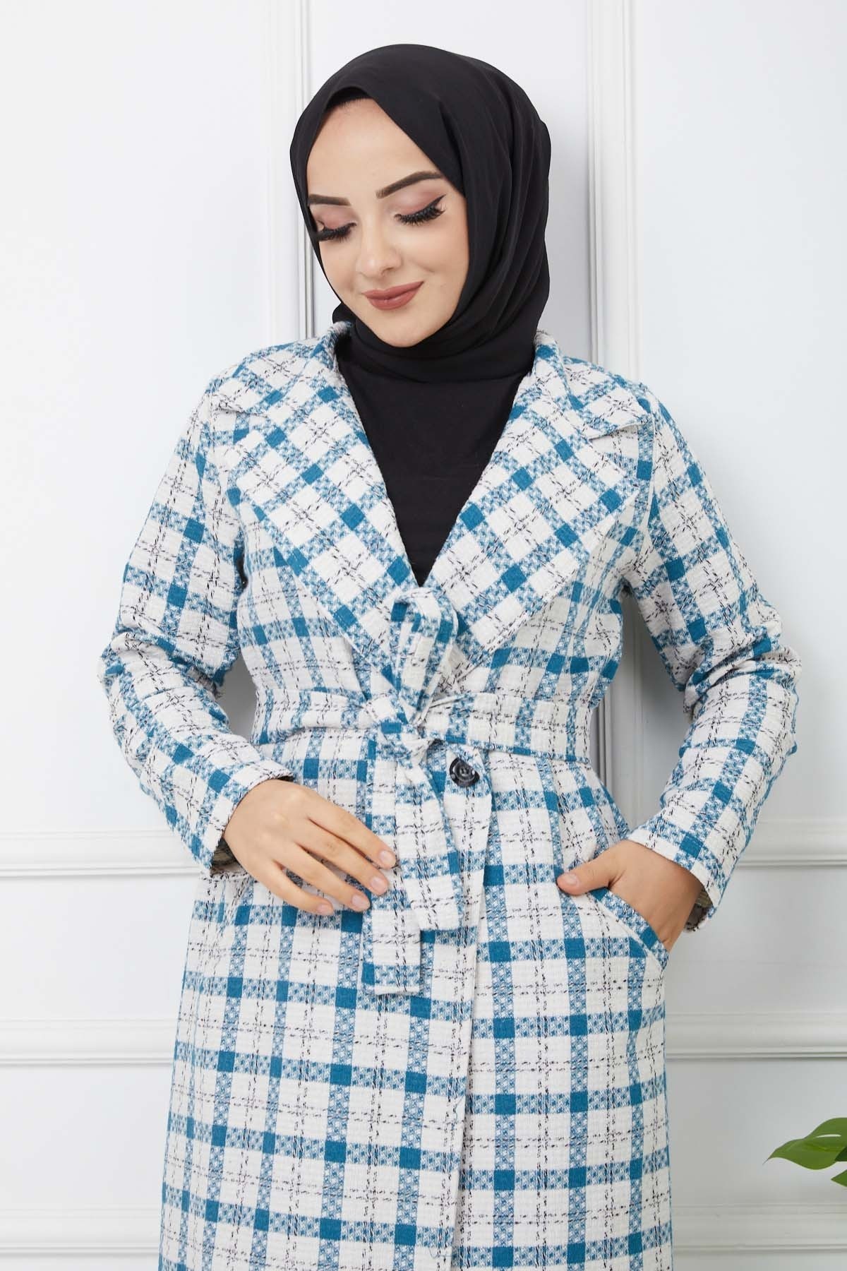 Ekose Kaşe Kaban - Mavi