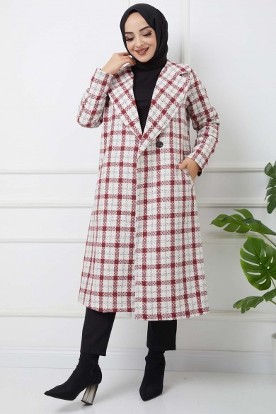 Ekose Kaşe Kaban - Bordo